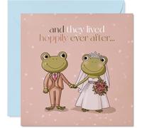 Carte de mariage ludique - Hop into Married Life - Cartoon Bride and Groom Frogs on a Pink Backdrop - Punny Romance with Charming Amphibian Style - Carré 145 mm, enveloppe incluse