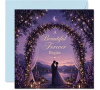 Carte de mariage romantique - A Beautiful Forever Begins - Couple rêveur au bord du lac sous une arche de fleurs avec lanternes et ciel nocturne - Carré de 145 mm, enveloppe incluse