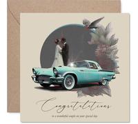 Carte de mariage sentimentale - Breloque classique pour le grand jour - Voiture rétro vintage avec mariés, fleurs et oiseaux - Carré de 145 mm, enveloppe incluse