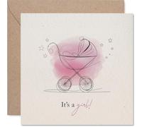 Carte de naissance Heartfelt - Welcome to the World, Little One - Landau rose et étoiles dispersées dans un charmant style aquarelle - Carré de 145 mm, enveloppe incluse