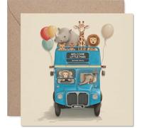 Carte de naissance ludique - Welcome to the World, Little Man - Animaux de safari sur un bus bleu à deux étages avec ballons joyeux - Carré de 145 mm, enveloppe incluse