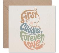 Carte de naissance sentimentale - Ambiance rétro - Motif bébé endormi en pastel doux avec typographie nostalgique - Carré de 145 mm, enveloppe incluse