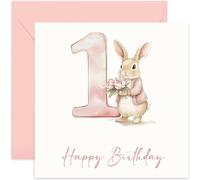 Carte de vœux de 1er anniversaire pour fille - Lapin rose avec motif aquarelle 1 - Cartes d'anniversaire pour petite-fille - Pour petite-fille, filleule, nièce, sœur - Cadeaux souvenirs pour premier