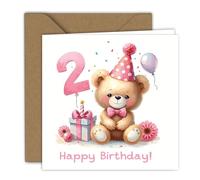 Carte de vœux de 2e anniversaire pour fille - Ours doux avec chapeau de fête et cadeau - Carte pliée avec enveloppe - Carte d'anniversaire pour tout-petits - Carte d'anniversaire pour enfants, A6