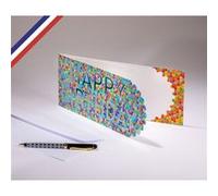 Carte double Extravagance créée et imprimée en France sur papier certifié PEFC - Happy birthday - Boutons multicolores - Découpe boutons et or à chaud G