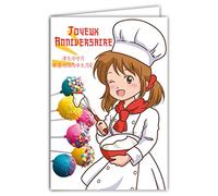 Carte Joyeux Anniversaire en Japonais - Enveloppe - Personnage Manga Bande Dessinée Japonaise Toque Cuisinière Héroïne Pop Cake Gâteaux Petite Jeune Fille Ados - Fabriquée en France - Afie 67-1237
