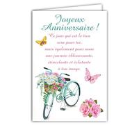 Carte Joyeux Anniversaire pour Jeune Fille Femme Grand Texte Vélo Fleuri Bicyclette Arbre Bouquet Fleurs Roses Coquelicots Rouges Papillons - Carte qui s'ouvre avec Enveloppe Format 12x17,5cm 69-3901