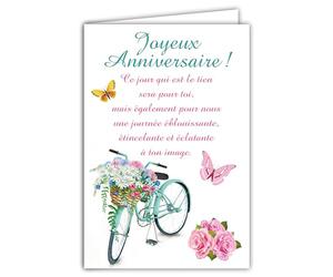 Carte Joyeux Anniversaire pour Jeune Fille Femme Grand Texte Vélo Fleuri Bicyclette Arbre Bouquet Fleurs Roses Coquelicots Rouges Papillons - Carte qui s'ouvre avec Enveloppe Format 12x17,5cm 69-3901