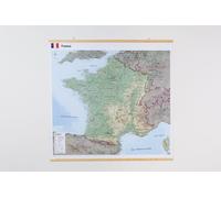 Carte murale plastifiée - France physique -100 x 100 cm, avec baguettes de maintien en bois | GeoMetro