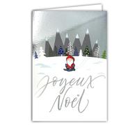 Carte Père Noël Skieur Joyeux Noël Argenté Brillant avec Enveloppe Blanche Format 12x17,5cm - Paysage enneigé Forêt Sapins Montagne Sommets Pics Hiver Meilleurs Vœux Fin d'Année - Fabriqué en France