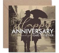Carte romantique 20e anniversaire de mariage - Vingt ans d'amour et de rire - Silhouette de couple vintage sous parapluie - Carré de 145 mm, enveloppe incluse