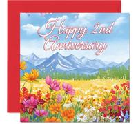 Carte sentimentale pour 2ème anniversaire de mariage - Explosion de couleurs - Prairie de fleurs sauvages et scène de montagne dans des teintes vives - Carré de 145 mm, enveloppe incluse