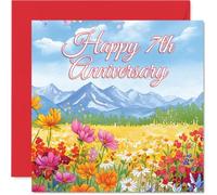 Carte sentimentale pour 7e anniversaire de mariage - Explosion de couleurs et de joie - Prairie de fleurs sauvages et paysage de montagne - Carré de 145 mm, enveloppe incluse