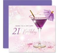 Cartes d'anniversaire 21 ans pour femme - Cocktail violet - Carte d'anniversaire pour femme, amie, cousine, tante, petite-fille, 145 mm
