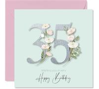 Cartes d'anniversaire 35 ans pour femme - Fleurs fantaisie - Carte d'anniversaire pour femme, sœur, cousine, amie, voisine, 145 mm