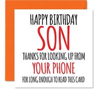 Cartes d'anniversaire amusantes pour fils - Look Up From Your Phone - Carte d'anniversaire humoristique pour fils de la part de maman ou papa, cadeaux d'anniversaire pour fils, 145 mm x 145 mm