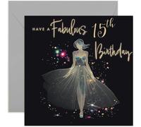 Cartes d'anniversaire pour filles de 15 ans - Carte d'anniversaire fabuleuse pour 15 ans - Carte d'anniversaire avec design de robe en silhouette en or brillant à l'intérieur - Carte d'anniversaire