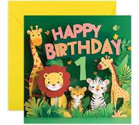 Cartes d'anniversaire pour garçons et filles - Pas de carte 3D - Carte d'anniversaire sur le thème de la jungle safari pour enfants de 1 an - Cadeau d'anniversaire pour fils, fille, petit-fils