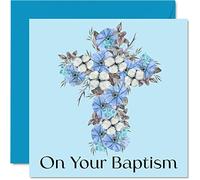 Cartes de baptême pour garçons et lui - On Your Baptême - Crucifix floral - Carte de félicitations de baptême, première communion, cadeau de baptême pour garçons, 145 mm x 145 mm, cartes de vœux