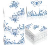 Cartes de placement à motif floral bleu et blanc chinois, convenant à la décoration de table de mariage et de douche de mariée. Comprend des étiquettes de nom de style tente vierges, des plaques de no