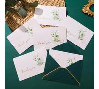 Cartes de remerciement de Noël - Aquarelle - Feuille dorée - Vert | Lot de 6 enveloppes vertes assorties en papier cartonné épais résistant à l'encre - Surface d'écriture lisse - Impression de