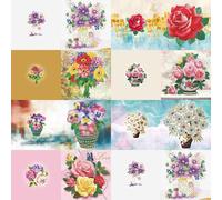 Cartes de vœux "Diamant 5D", lot de 8, avec des motifs tels que rose, marguerite, vase, couronne de Noël, gâteau d'anniversaire