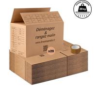 Carton déménagement 55x35x30 cm - 57 L, lot de 20 + rouleau adhésif havane