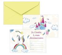 Cartons d'invitation anniversaire - PTIT CLOWN - Licornes - Lot de 8 - Enveloppes jaunes - 10,5 x 14,8 cm