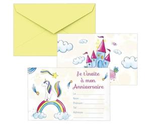 Cartons d'invitation anniversaire - PTIT CLOWN - Licornes - Lot de 8 - Enveloppes jaunes - 10,5 x 14,8 cm