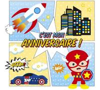 Clairefontaine 20034C - Set de 8 Cartes Simples Pré-Imprimées, Format 11,6x11,6cm + 8 Enveloppes Gommées, Format Carré 12x12cm - Correspondance Anniversaire Enfant Garçons - Thème Super Héros