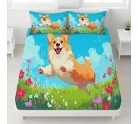Cartoon Corgi Drap Housse 140 x 200 cm Bonnets 30 cm, Joyeux Chien Fleur Housse de Matelas Protège en Microfibre avec Bonnet 30cm - Parure de Lit Résistant aux Rides