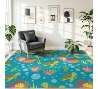Cartoon Côtier Tapis de Salon à Poils Courts 160 x 230 cm | Antidérapant Bleu Naturel Botanique Animaux Tortue Tapis Lavable pour Chambre à Coucher Cuisine l'entrée Bain