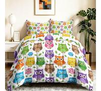 Cartoon Illustration Réversible Couette, Multicolore Légère Imprimée Couettes, Hibou Animal Feuilles Couettes Matelassée pour Enfants Adultes, 220 x 240 cm Couette sans Housse avec 2 Taies d'oreiller