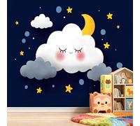 Cartoon Papier Peint Panoramique 300L x 210H cm, Ciel Nocturne Ciel Étoilé Nuages Fresque Murale Papier Peint - Bleu Nuit Murale Poster Tableaux pour Salon Chambre à Coucher Maison Décoration