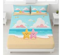 Cartoon Plage Drap Housse 180 x 200 cm Bonnets 30 cm, Parure de Lit Mignon Étoile De Mer Plage pour Enfants Ado Adultes, Drap de Lit Microfibre Douce, Housse de Matelas Respirante