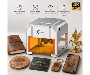 Carverall K4 Graveur Laser 3W, Mini Machine Portable avec Contrôle par App WiFi et USB, Zone 80 x 80 mm, Précision jusqu’à 0,01 mm, pour Bois, Bambou, Cuir, Papier, Carton, Cadeaux DIY, Idéal K4 3W Mi