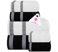 Casa Copenhagen Coffret 6 Serviettes Bain 600 g/m², Noir - Blanc | Solitaire Mix 100% coton égyptien pur cuisine, douche: 2 serviettes bain, 2 mains, 2 gants (coffret cadeau femme et homme)