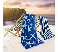 Casa Copenhagen - Lot de 2 Serviettes Miami,Motif Étoile de mer Rayures Bleu Marine et Turquoise, Serviettes de Piscine XL, 88 x 177 cm, 100% Coton (Coffret Cadeau d'été idéal pour Femmes et Hommes)