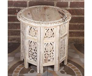 Casa Moro NH09204 Nassiba Table d'appoint orientale ronde en bois massif sculpté mangue Blanc shabby 46 x 46 x 46 cm