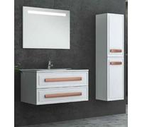 Casa Padrino Ensemble de salle de bain de luxe blanc / bronze - 1 lavabo et 1 vasque et 1 miroir mural LED et 1 armoire murale - Meubles de salle de bain de luxe