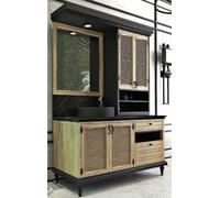 Casa Padrino Ensemble de salle de bain de luxe style rustique Naturel / Noir - Meuble vasque éclairé avec 4 portes et 2 tiroirs et 1 vasque et 1 miroir mural - Meubles de salle de bain style rustique