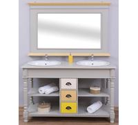 Casa Padrino Ensemble de salle de bain de style rustique Gris / Naturel / Multicolore - 1 double vasque & 1 miroir mural - Meubles de salle de bain en bois massif de style rustique