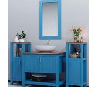 Casa Padrino Ensemble de salle de bain style campagne bleu / brun - 1 armoire de toilette avec lavabo en céramique & 2 armoires étagères & 1 miroir mural - Meubles de salle de bain en bois massif - Me