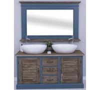 Casa Padrino Ensemble salle de bain style campagne bleu / marron foncé - 1 double vasque & 2 lavabos & 2 robinets & 1 miroir mural - Meubles de salle de bain en bois massif style campagne