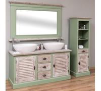 Casa Padrino Ensemble salle de bain style campagne vert / naturel - 1 double vasque & 1 miroir mural & 1 armoire étagère - Meubles de salle de bain en bois massif style campagne