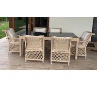 Casa Padrino Meuble de Jardin en Rotin Naturel - 1 Table de Jardin en Rotin avec Plateau en Verre & 6 Chaises de Jardin en Rotin avec Accoudoirs - Meuble de Jardin en Rotin Moderne et Luxueux