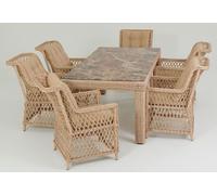 Casa Padrino Meuble de Jardin en Rotin Naturel / Beige / Marron - 1 Table de Jardin en Rotin avec Plateau en Verre imitation Marbre & 6 Chaises de Jardin en Rotin avec Accoudoirs - Mobilier de Jardin 