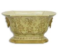 Casa Padrino Pot de fleurs Art Nouveau Vert / Or 26,9 x 16,7 x H. 14,1 cm - Pot de plantes en porcelaine avec poignées tête de lion en bronze - Accessoires déco