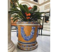 Casa Padrino Pot de fleurs de luxe en céramique baroque Beige / Bleu / Blanc Ø 53 x H. 54 cm
