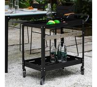 casa.pro Chariot de Service d'Extérieur Desserte avec 2 Plateaux 4 roulettes 2 Freins d'Arrêt 5 Crochets Rangement pour Jardin Terrasse Acier Laqué 72 x 77 x 38 cm Noir